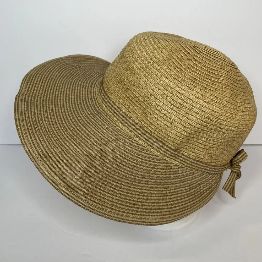 CAPPELLI Strawworld Women's Straw HAT with Striped Fabric Ribbon Detail BEIGE